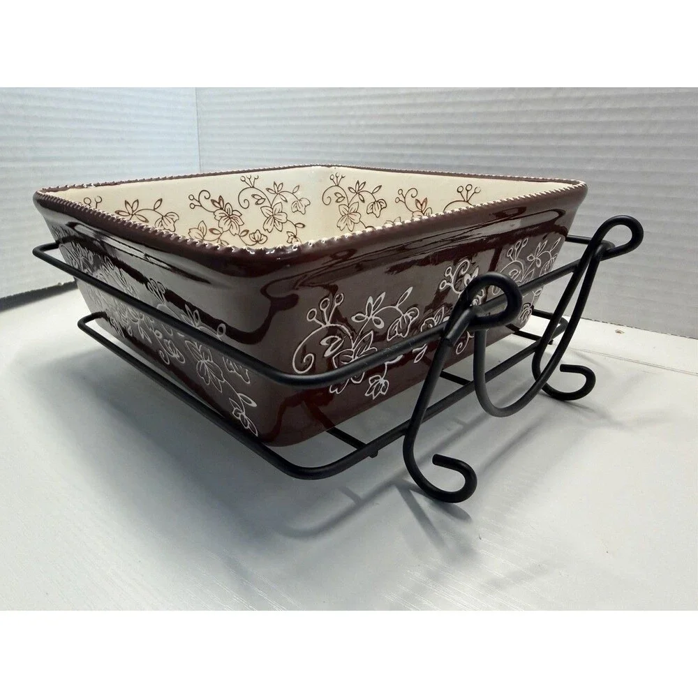 Temp-tations by Tara Brown Floral Lace Ovenware Square Dish with Metal Rack